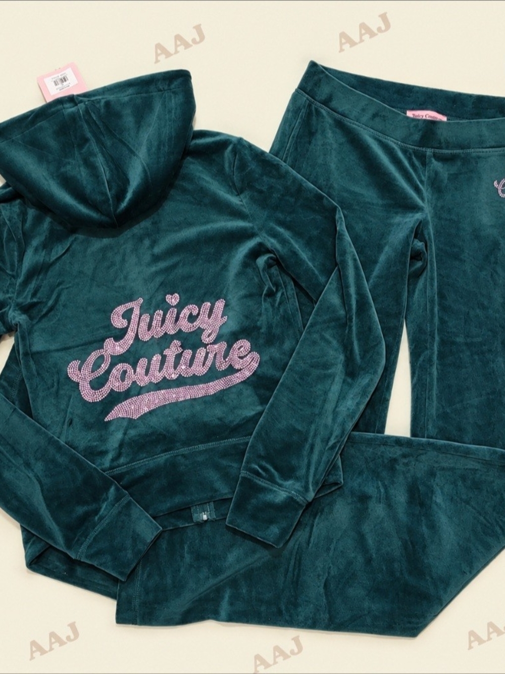 Juicy Couture Rain Forest Velour Pink Rhinestone Logo Zip Hoodie & Pants - XS